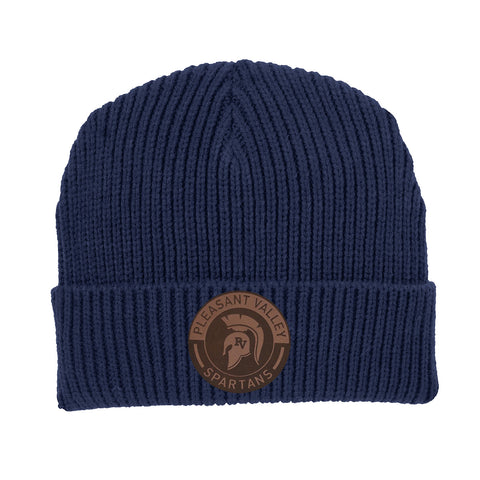 Navy Ribbed Beanie with Leather Patch